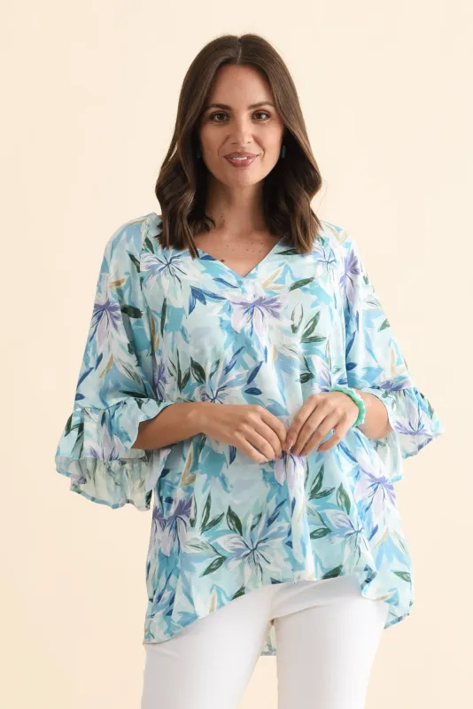 Diona Blue Tropical Frill Sleeve Top sold by Blue Bungalow