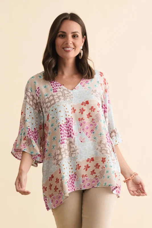 Diona Blue Mosaic Frill Sleeve Top sold by Blue Bungalow