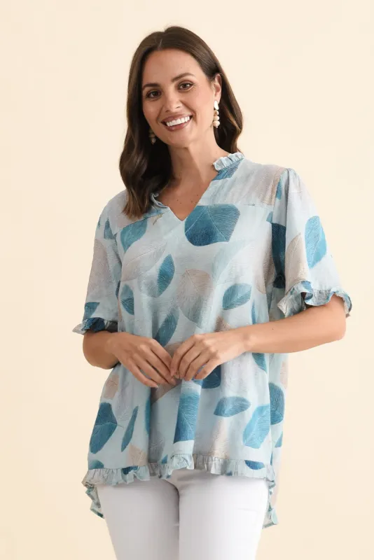 Calm Blue Leaf Ruffle Top sold by Blue Bungalow