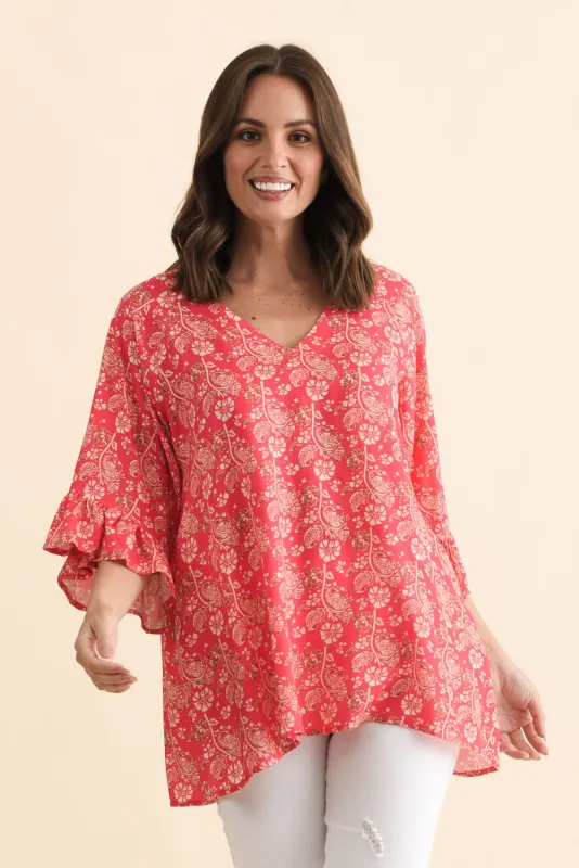 Diona Red Flower Frill Sleeve Top sold by Blue Bungalow