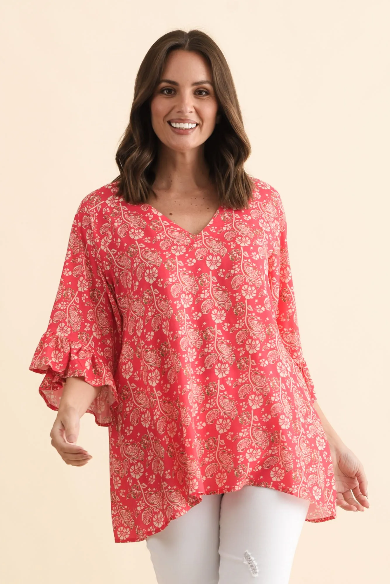 Diona Red Flower Frill Sleeve Top sold by Blue Bungalow