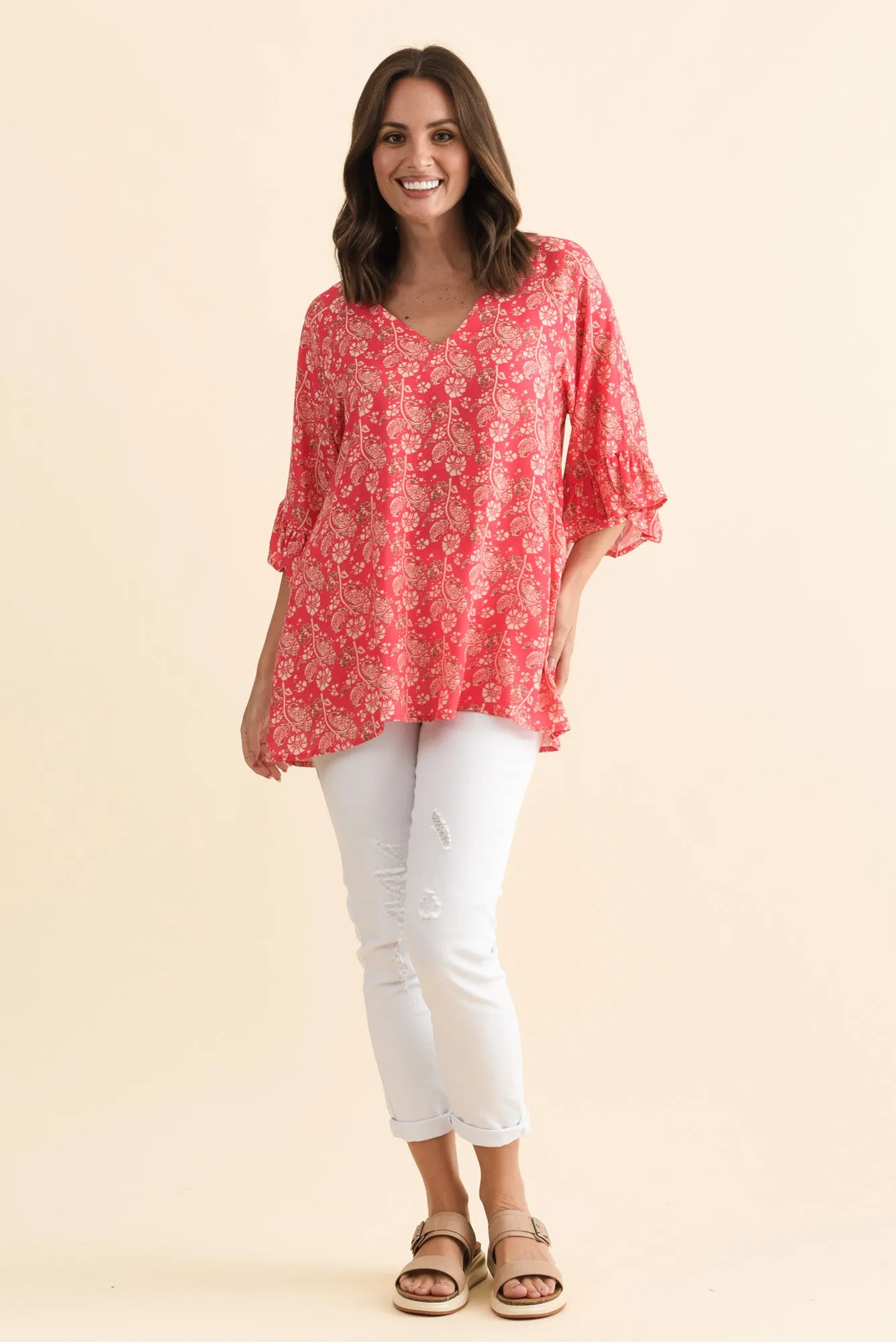 Diona Red Flower Frill Sleeve Top sold by Blue Bungalow product image thumbnail 2
