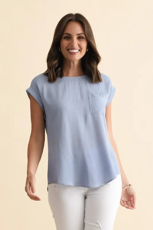 Aiden Blue Linen Blend Pocket Top made by Willow Tree