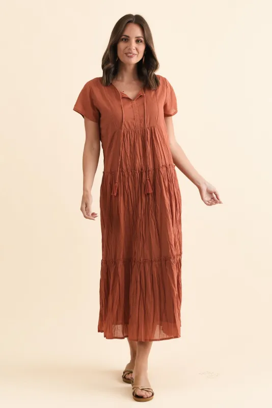 Nona Rust Crinkle Cotton Maxi Dress sold by Blue Bungalow
