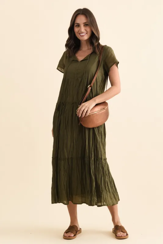 Nona Khaki Crinkle Cotton Maxi Dress sold by Blue Bungalow