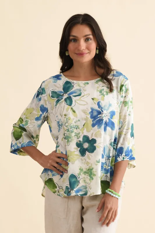 Hepburn Green Floral Linen Blend Top sold by Blue Bungalow