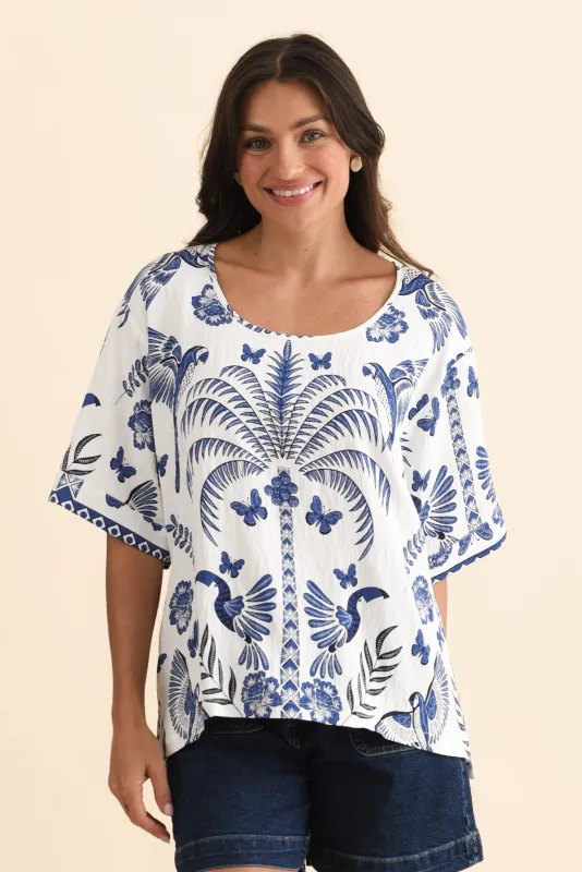 Kendria Blue Palm Batwing Top sold by Blue Bungalow