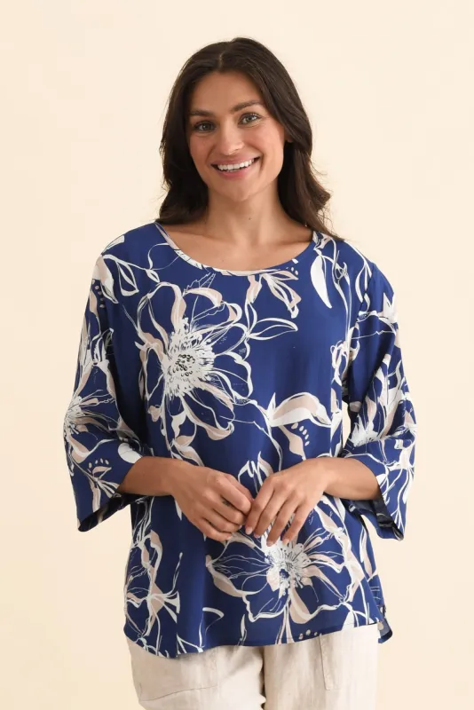 Hepburn Blue Flower Linen Blend Top sold by Blue Bungalow