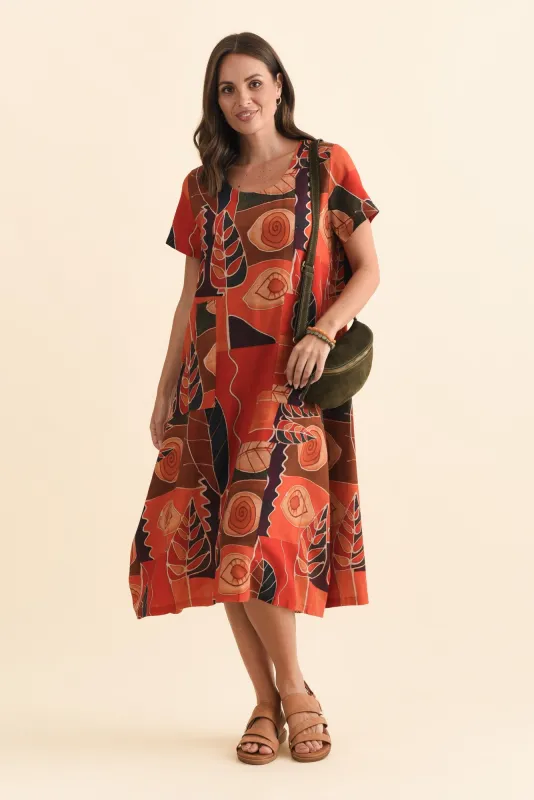 Lula Red Abstract Linen Cotton Dress made by Blue Bungalow