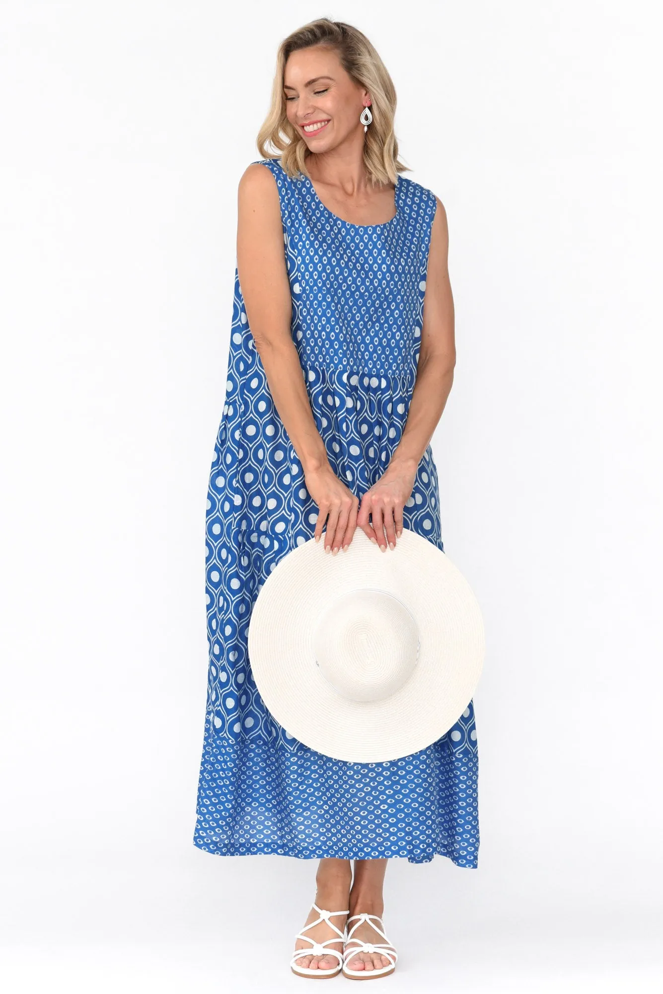 Serena Blue Circle Cotton Dress sold by Blue Bungalow