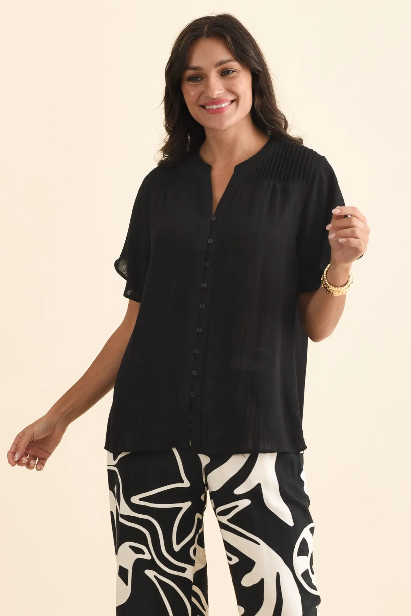 Ponny Black Linen Blend Button Top sold by Blue Bungalow