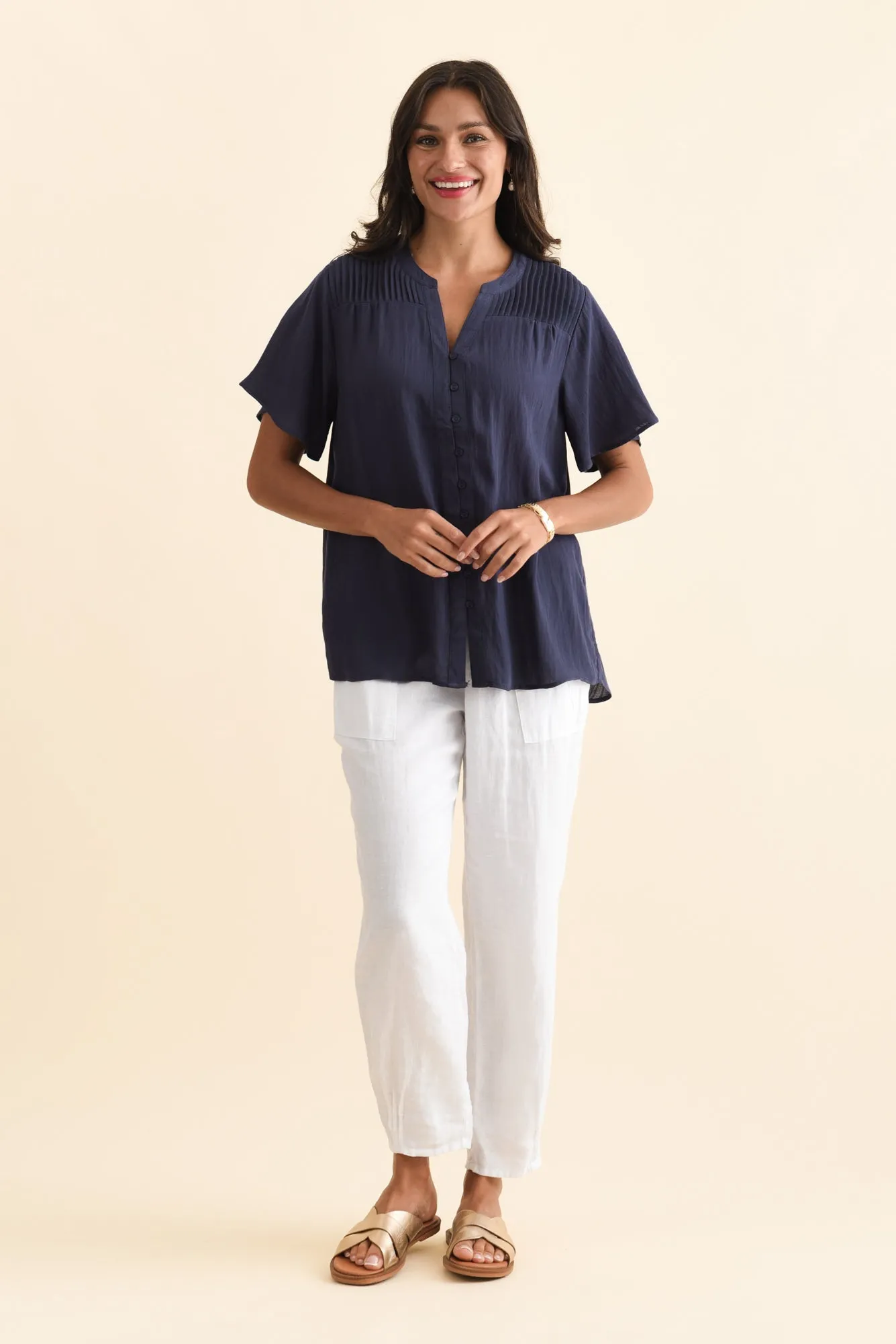 Ponny Navy Linen Blend Button Top sold by Blue Bungalow product image thumbnail 2