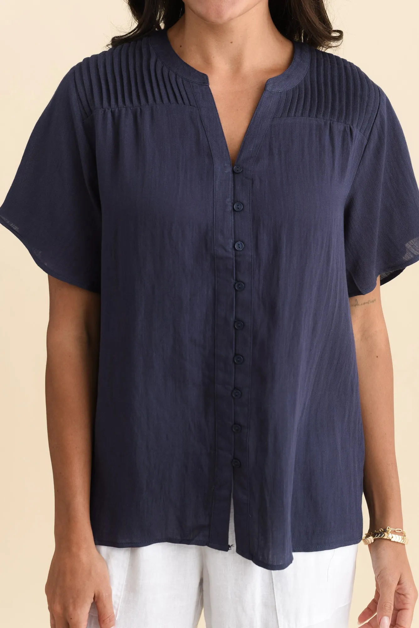 Ponny Navy Linen Blend Button Top sold by Blue Bungalow product image thumbnail 5