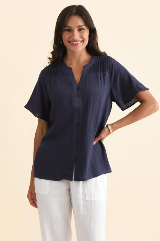 Ponny Navy Linen Blend Button Top sold by Blue Bungalow