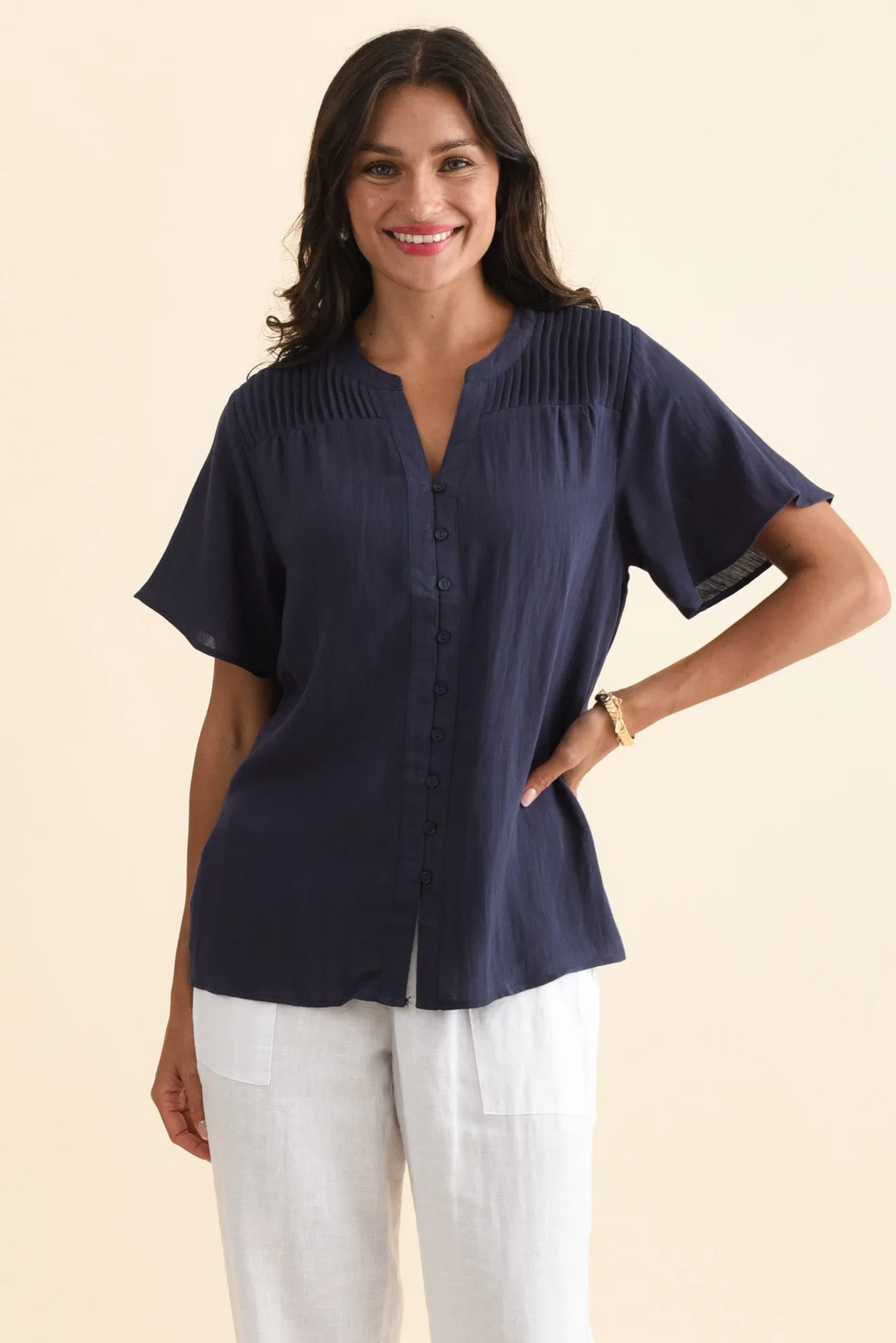 Ponny Navy Linen Blend Button Top sold by Blue Bungalow