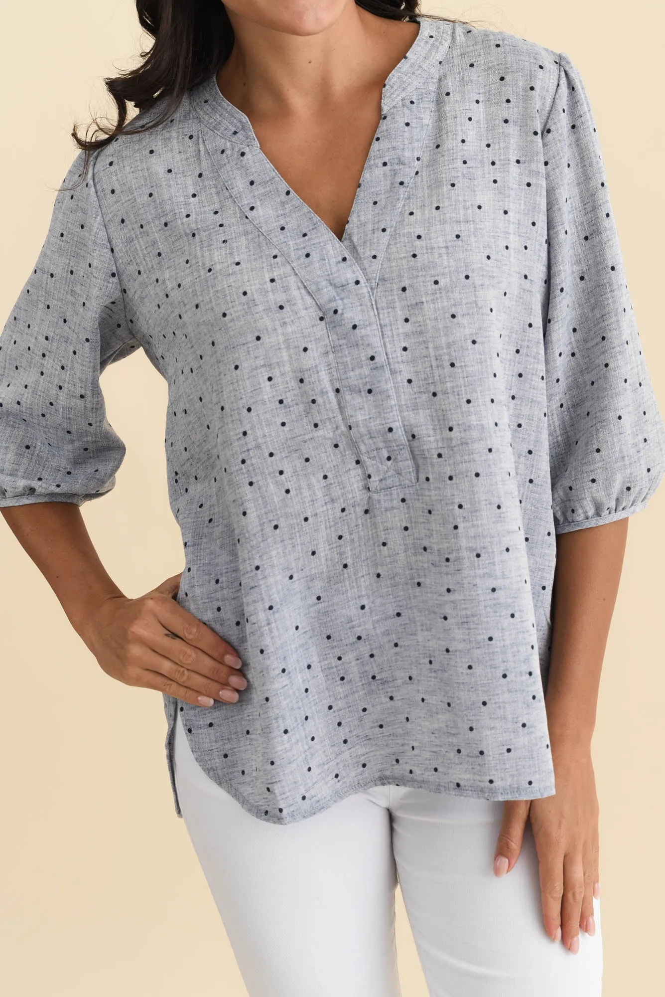 Carmin Blue Spot Linen Blend Top sold by Blue Bungalow product image thumbnail 5
