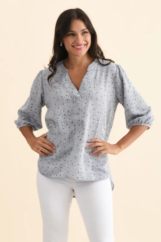 Carmin Blue Spot Linen Blend Top made by Willow Tree