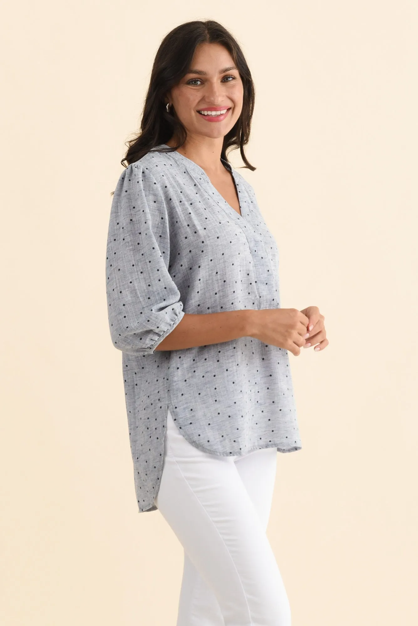Carmin Blue Spot Linen Blend Top sold by Blue Bungalow product image thumbnail 3