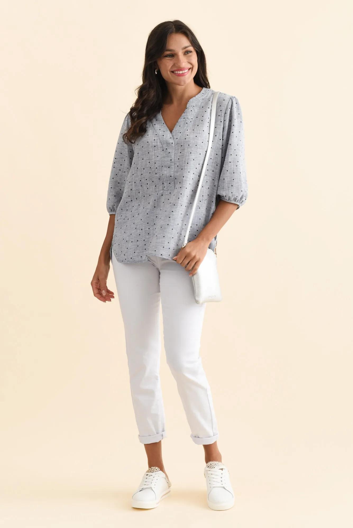 Carmin Blue Spot Linen Blend Top sold by Blue Bungalow product image thumbnail 2