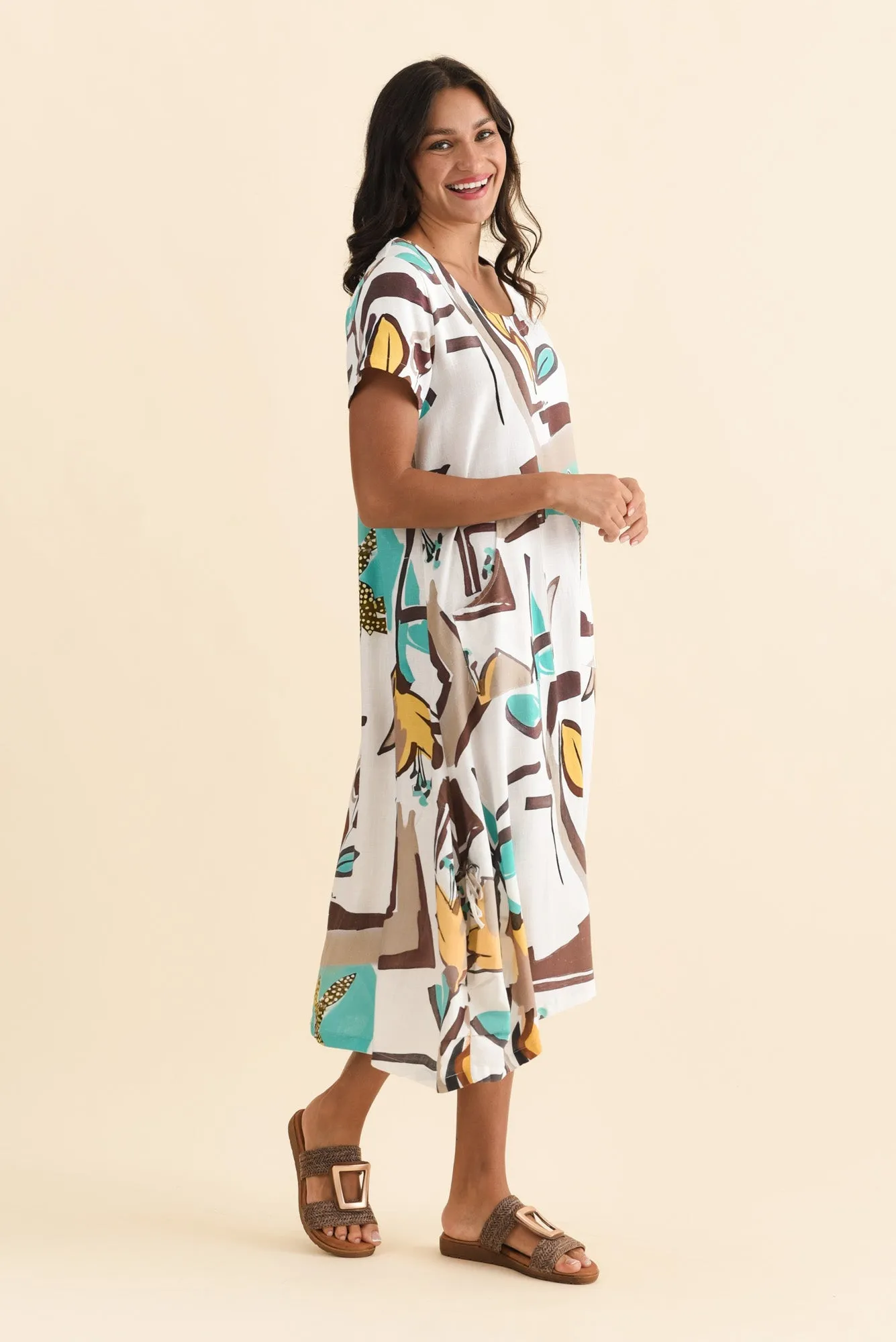 Lula White Abstract Linen Cotton Dress sold by Blue Bungalow product image thumbnail 3
