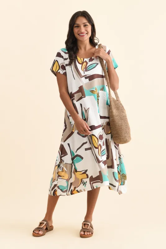 Lula White Abstract Linen Cotton Dress sold by Blue Bungalow