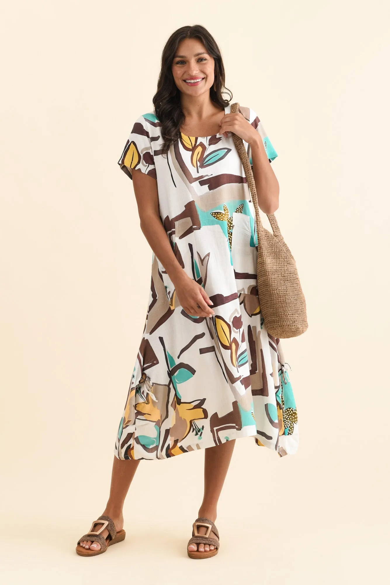 Lula White Abstract Linen Cotton Dress sold by Blue Bungalow