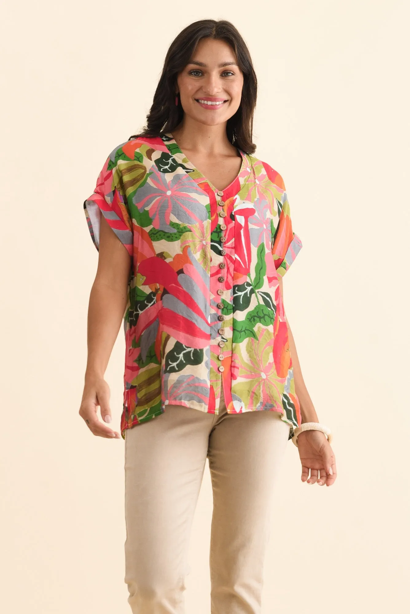 Miray Pink Hibiscus Button Top sold by Blue Bungalow