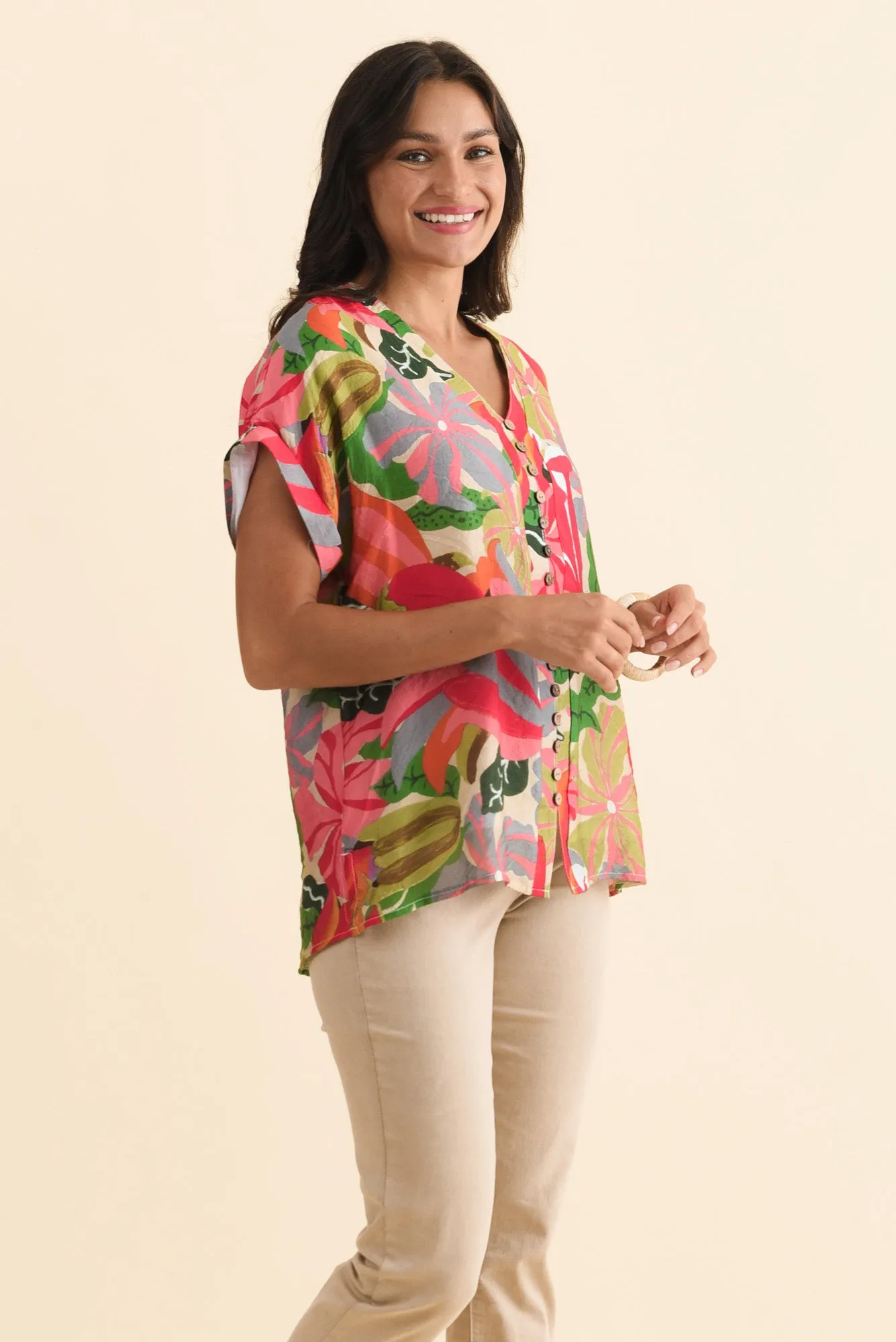 Miray Pink Hibiscus Button Top sold by Blue Bungalow product image thumbnail 3