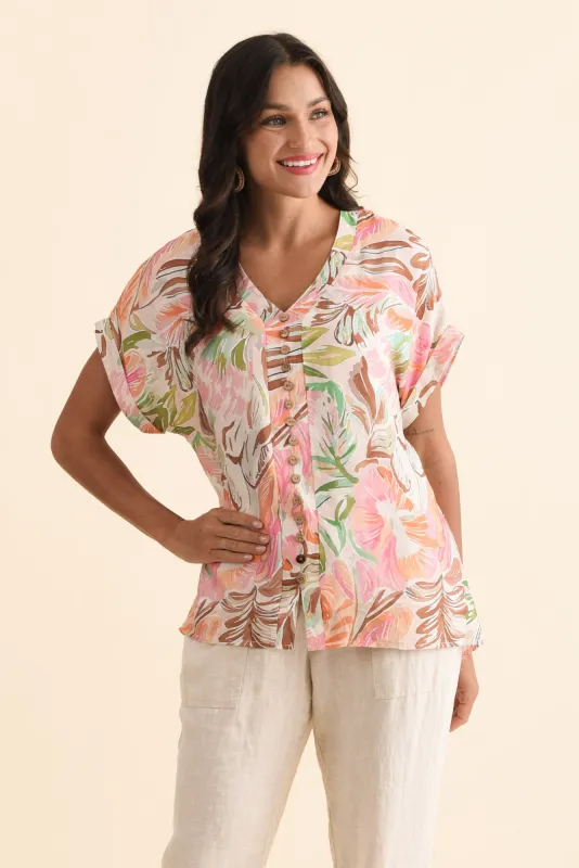 Miray Pink Tropical Button Top sold by Blue Bungalow