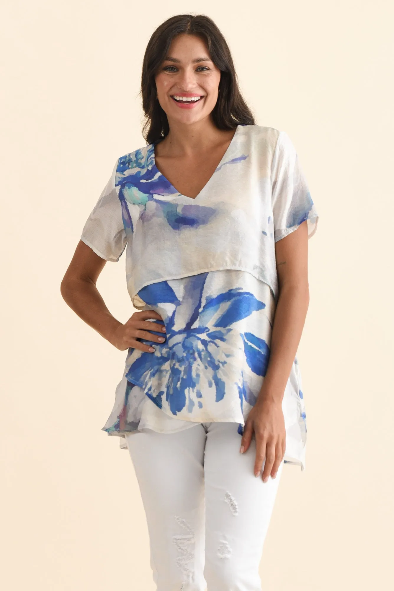 Alvina Blue Flower Layered Tunic Top sold by Blue Bungalow