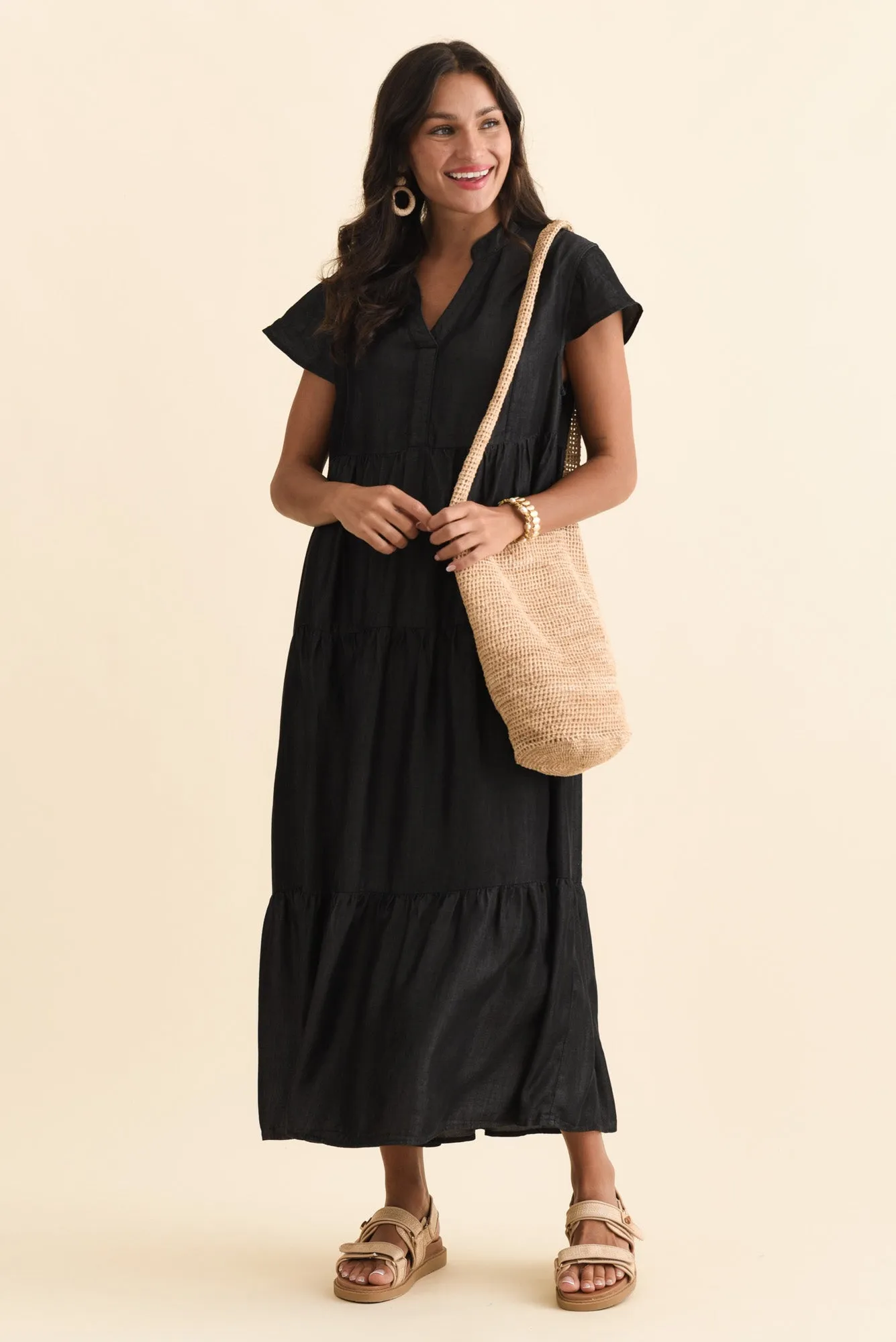 Oxford Dark Navy Tencel Tier Dress sold by Blue Bungalow product image thumbnail 2