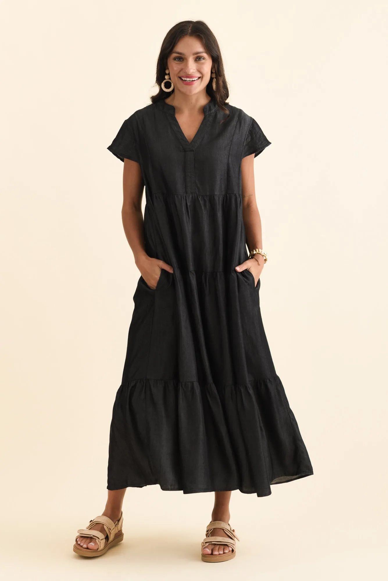 Oxford Dark Navy Tencel Tier Dress sold by Blue Bungalow