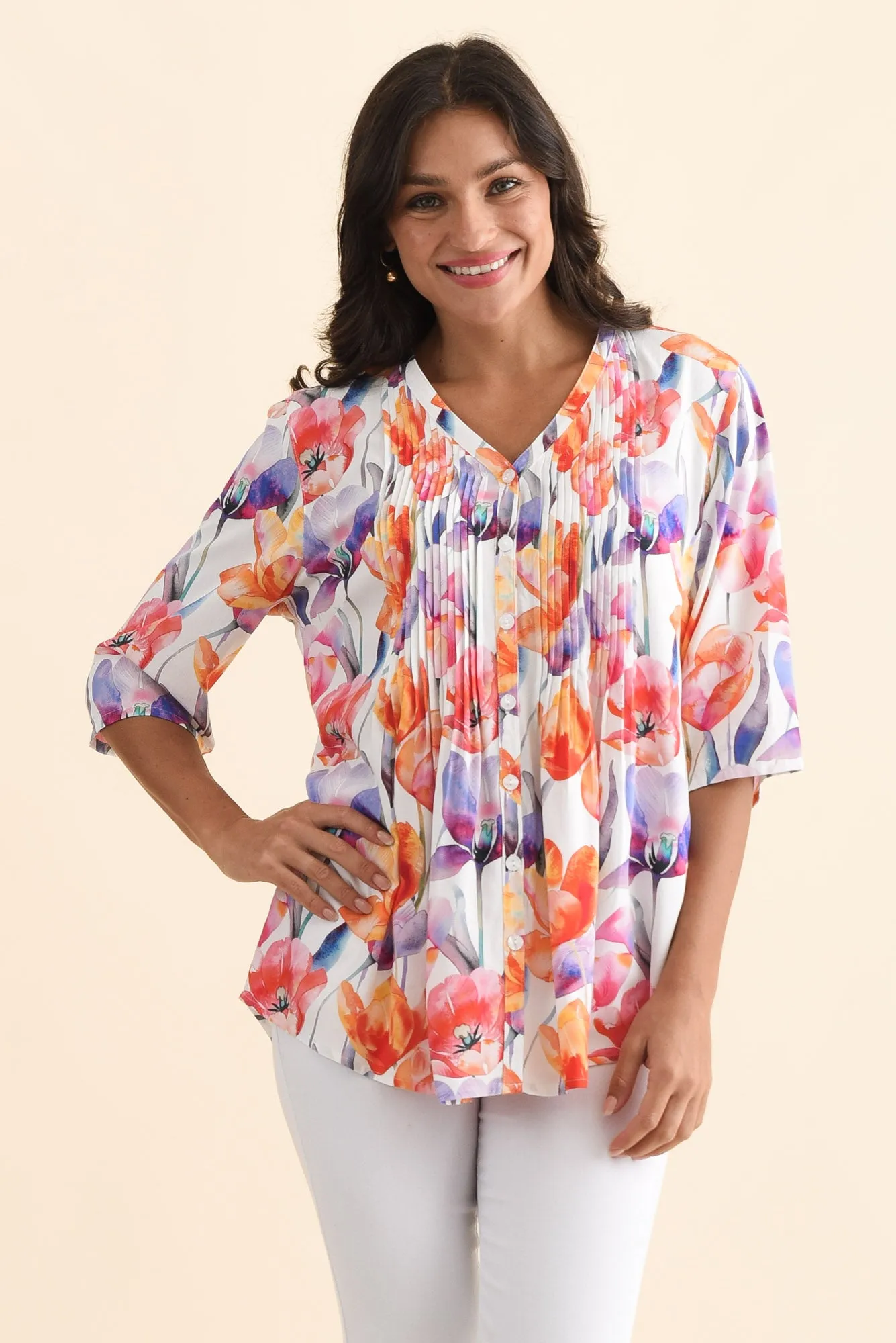Alby Orange Flower Pleated Blouse sold by Blue Bungalow