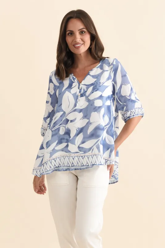 Ramy Blue Leaf Cotton Blend Top made by Willow Tree