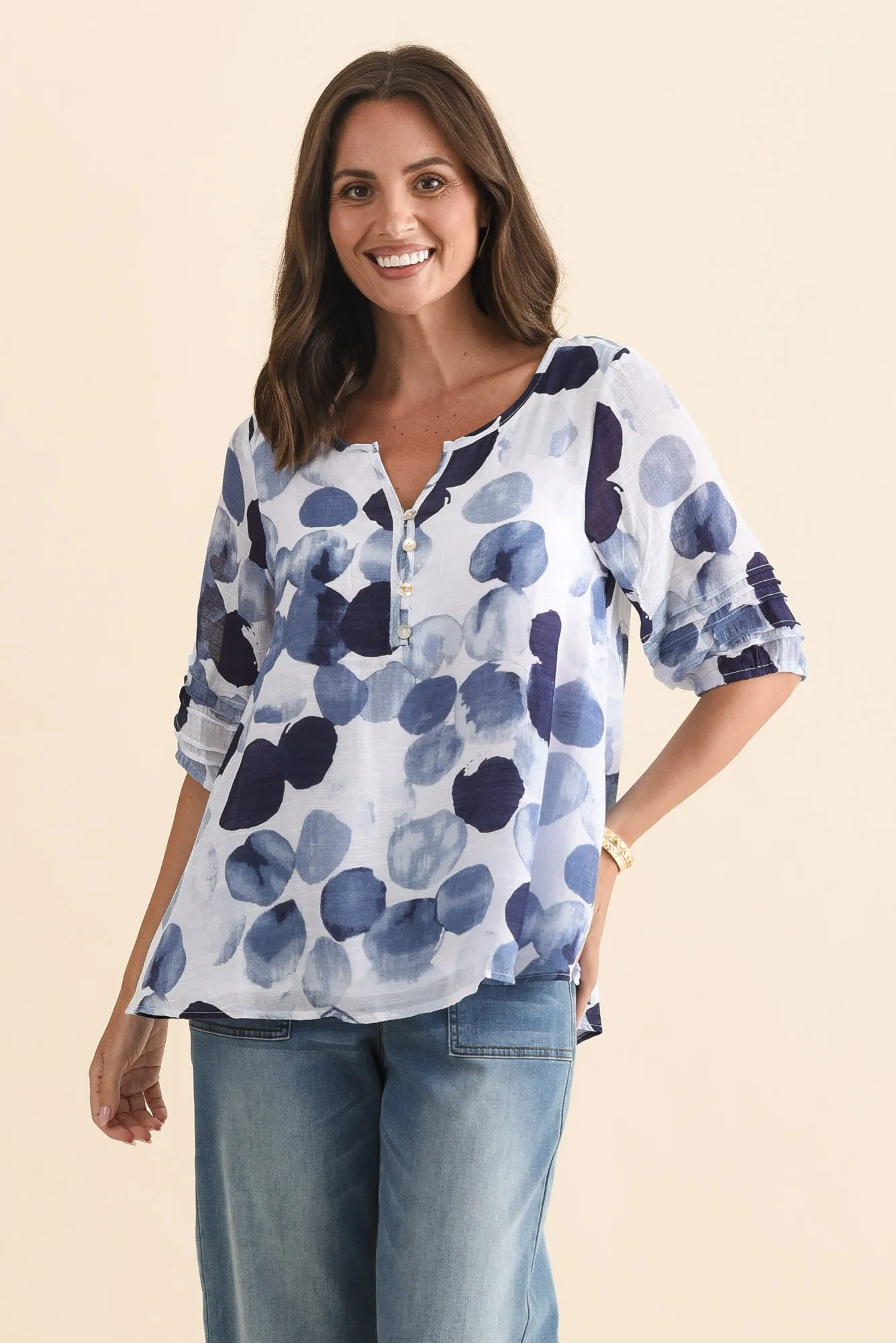 Ramy Navy Spot Cotton Blend Top sold by Blue Bungalow