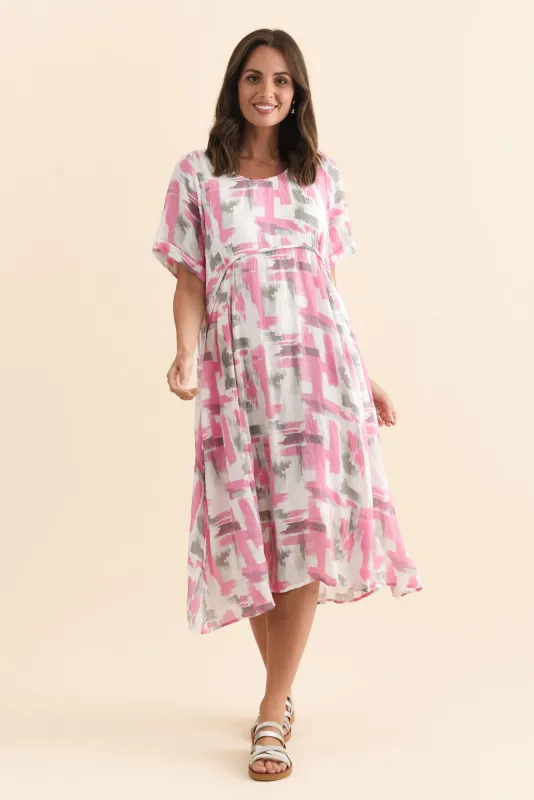 Ramona Pink Brush Stroke Cotton Blend Dress made by Willow Tree