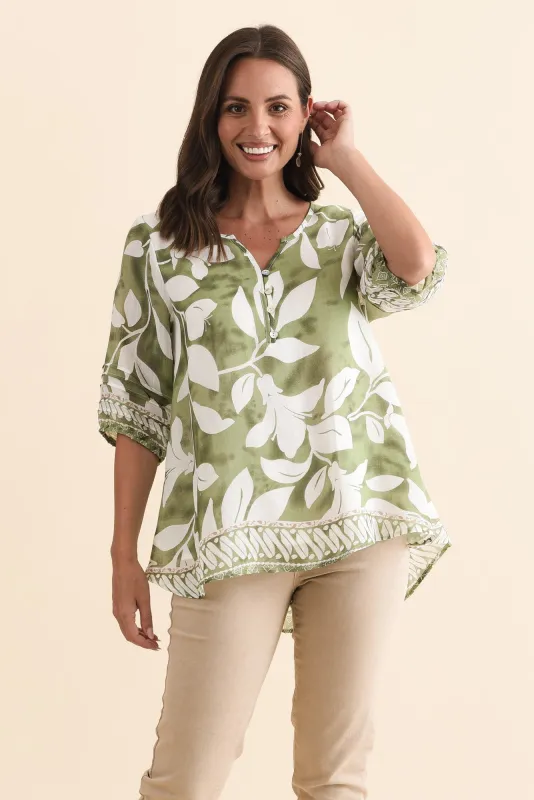 Ramy Green Leaf Cotton Blend Top made by Willow Tree
