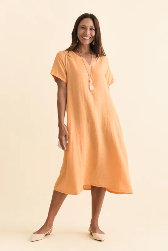 Nara Peach Linen Pocket Dress sold by Blue Bungalow