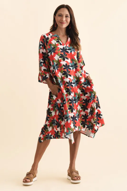 Millicent Red Leaf Linen Cotton Dress made by Blue Bungalow