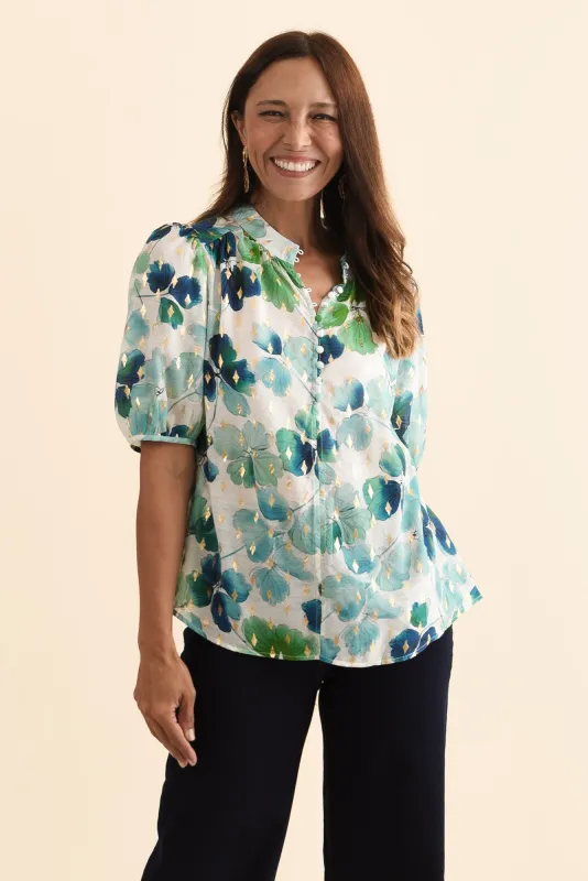 Alexandra Green Flower Button Top made by Willow Tree