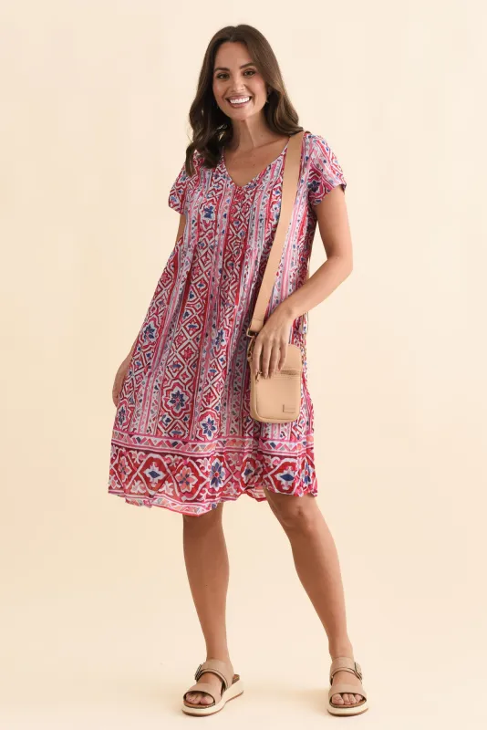 Sabina Red Abstract Crinkle Cotton Dress sold by Blue Bungalow