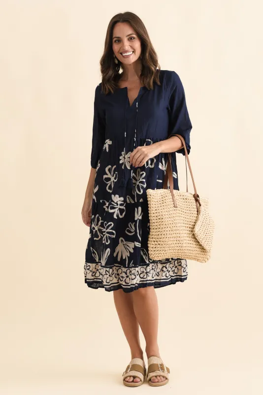 Milana Navy Flower Crinkle Cotton Dress sold by Blue Bungalow