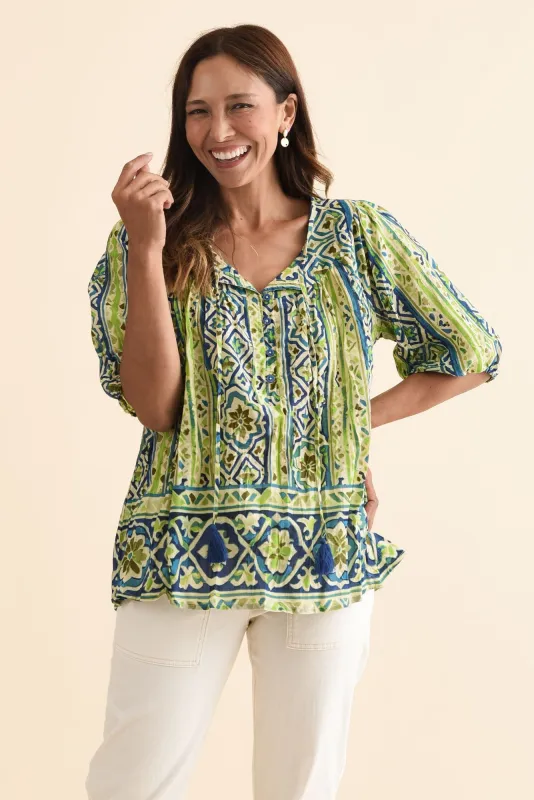 Claris Blue Abstract Crinkle Cotton Top made by Blue Bungalow