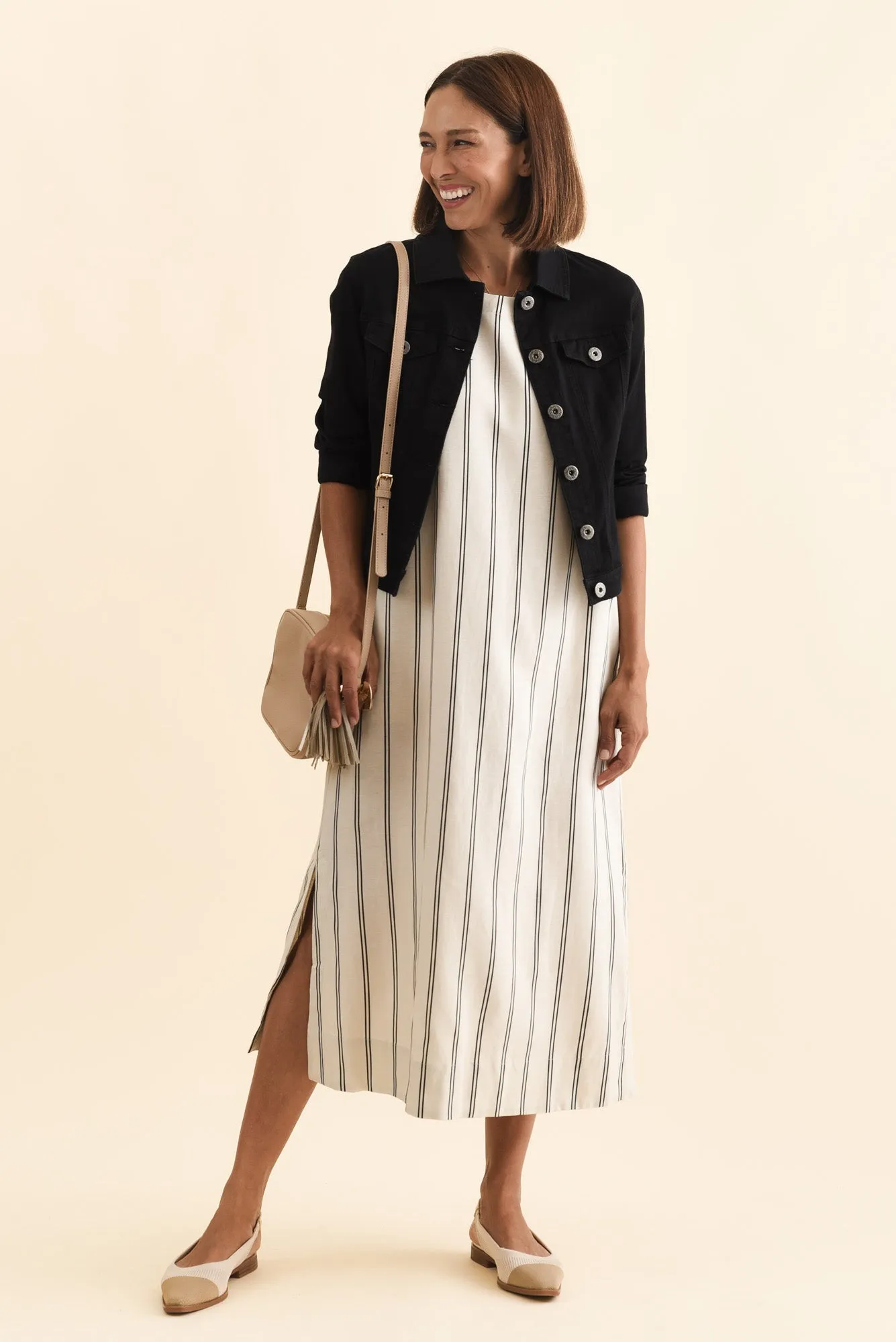 Riley Cream Stripe Linen Blend Dress sold by Blue Bungalow