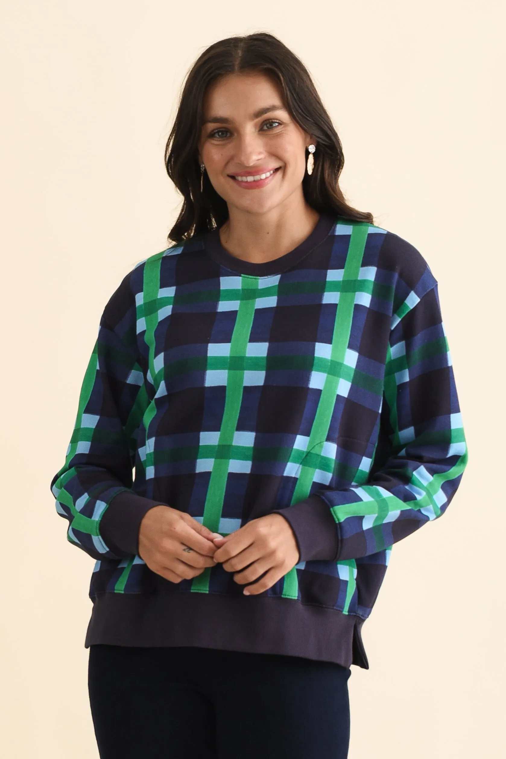 Bari Navy Check Cotton Crewneck Sweatshirt sold by Blue Bungalow