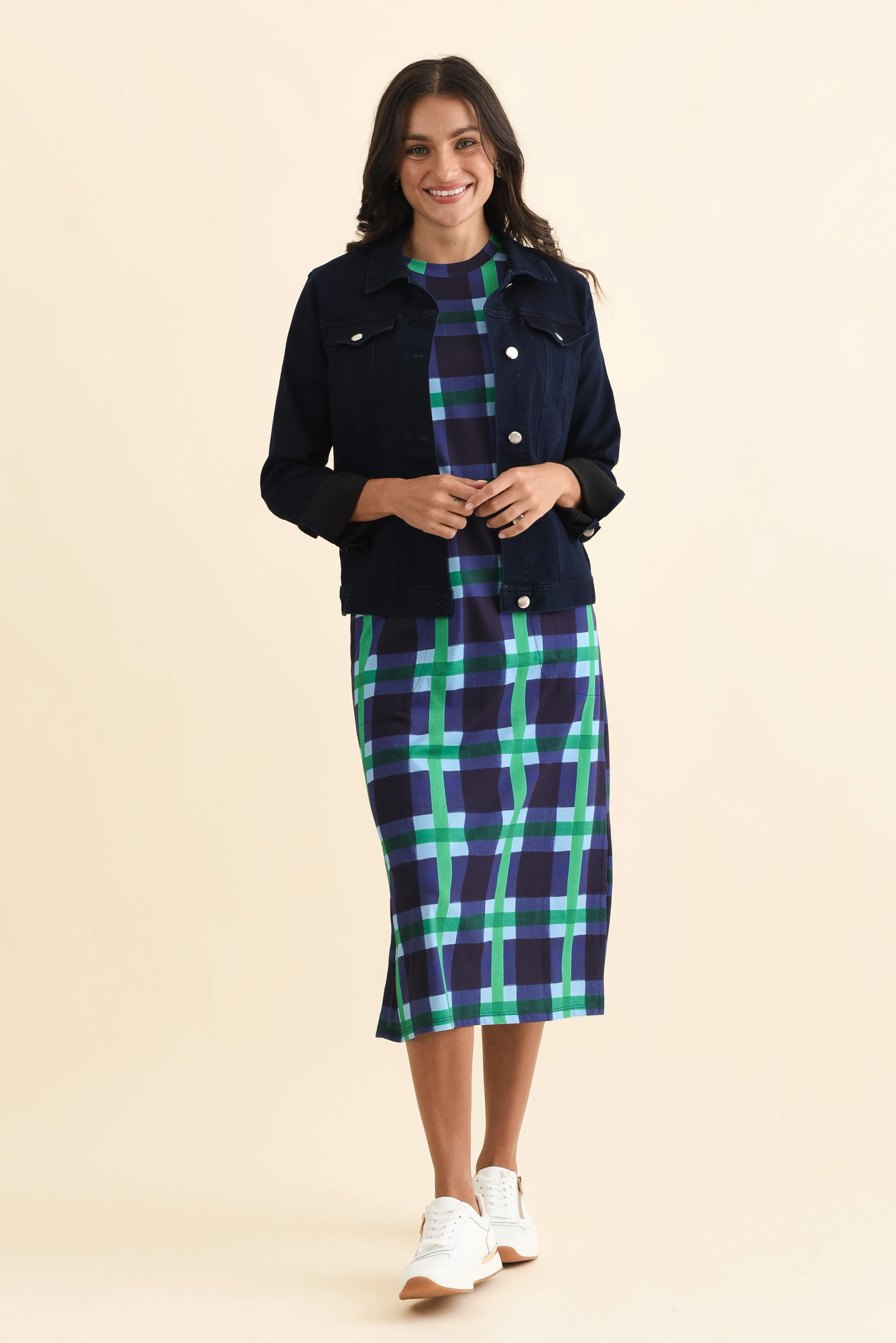 Bari Navy Check Cotton Tee Dress sold by Blue Bungalow