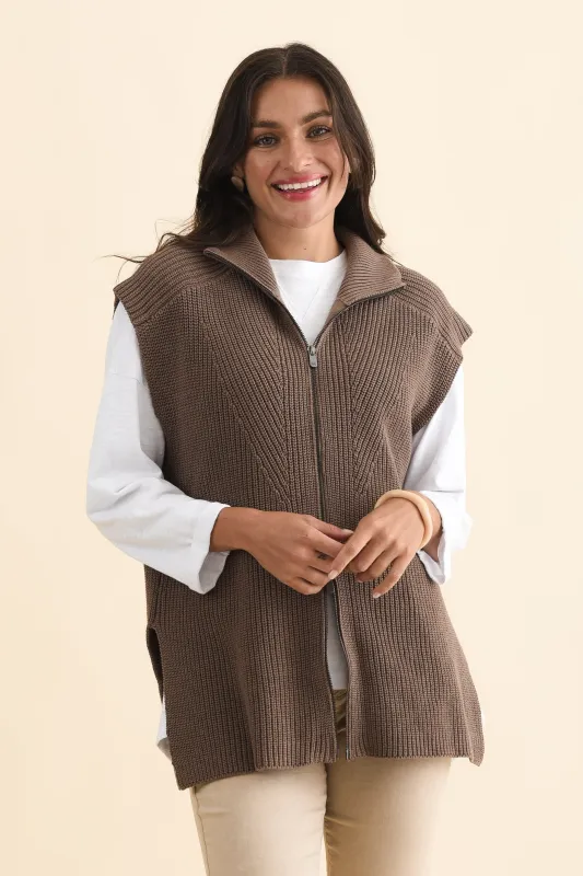 Viona Mocha Cotton Zip Knit Vest made by Foxwood Clothing