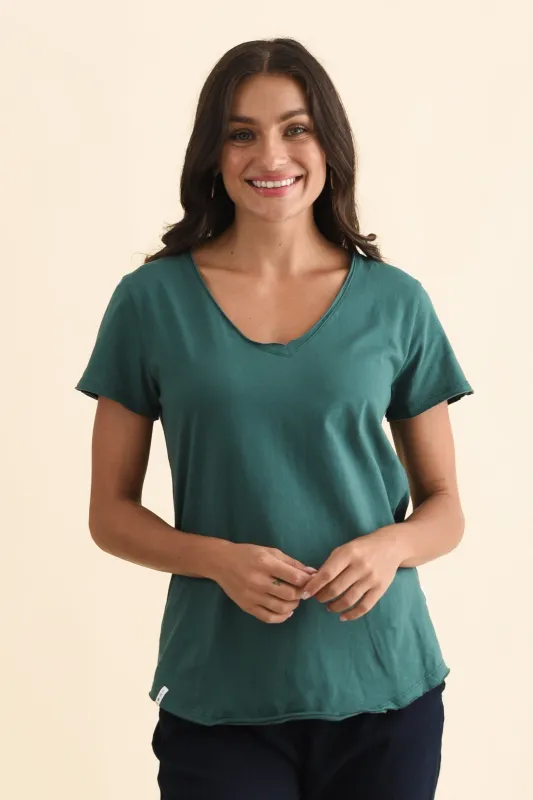 Maggie Teal Cotton Vee Tee sold by Blue Bungalow