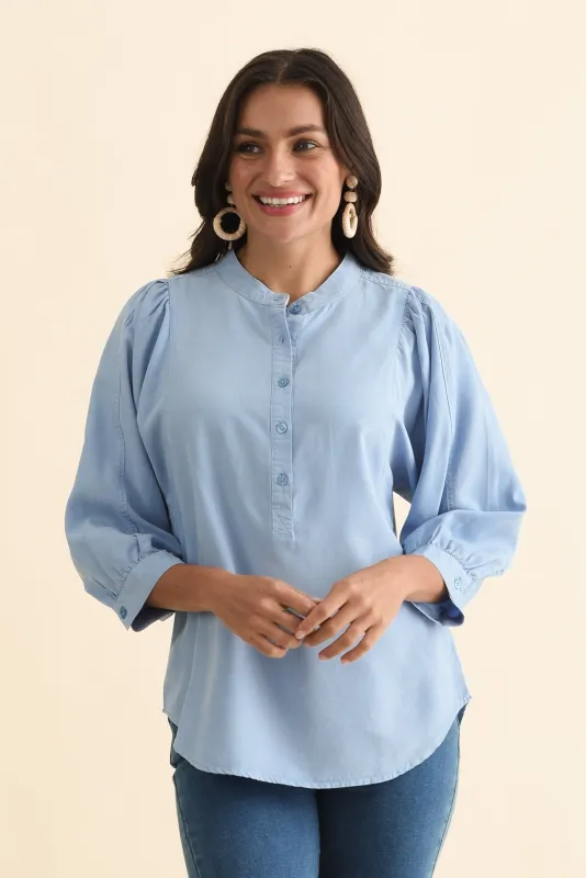 Rowan Blue Lyocell Puff Sleeve Shirt sold by Blue Bungalow