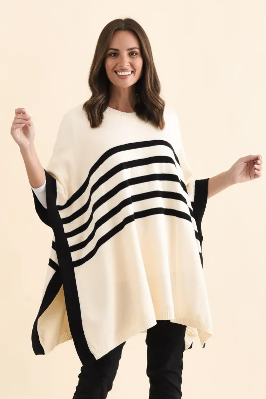 Fidelia White Stripe Knit Poncho made by Blue Bungalow